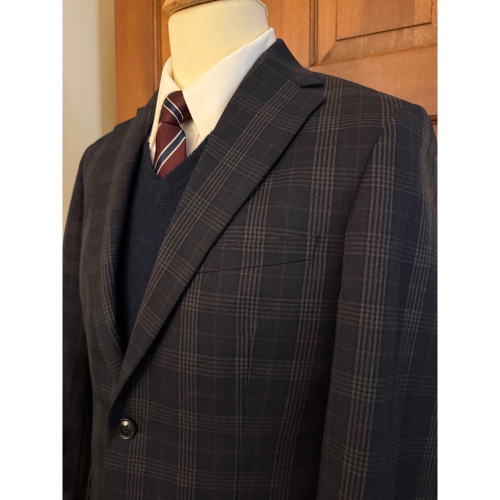 Tallia Glen Check Sport Coat Mens 40R Navy Wool Two-Button Blazer Jacket